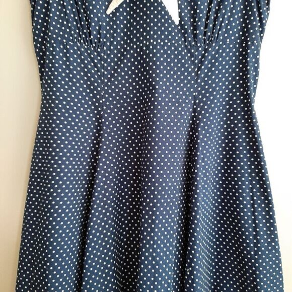 Navy Polka Dot Midi Dress with White Collar - Picture 6 of 16